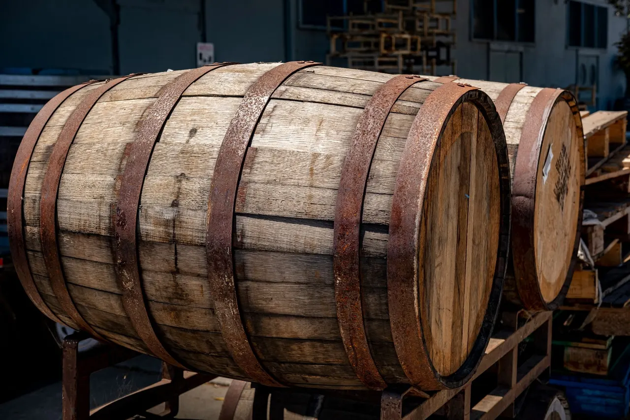 Close-up of a dark charred oak barrel