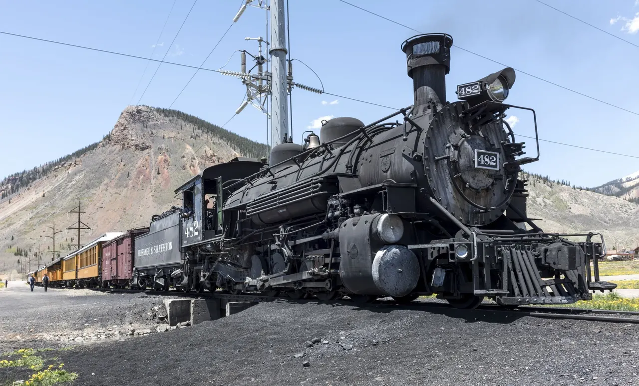 A narrow-gauge steam train on the Durango railroad line